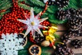 Extensive series of holiday shots with a variety of props and backgrounds. Lots of copyspace for ads. Christmas presents on wooden Royalty Free Stock Photo