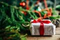 Extensive series of holiday shots with a variety of props and backgrounds. Lots of copyspace for ads. Christmas presents on wooden Royalty Free Stock Photo