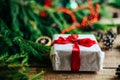 Extensive series of holiday shots with a variety of props and backgrounds. Lots of copyspace for ads. Christmas presents on wooden Royalty Free Stock Photo