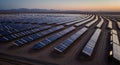 Vast Solar Panel Array Gleaming at Dawn in Desert Landscape Near Distant Hills with Clear Sky, Clean Renewable Energy Royalty Free Stock Photo