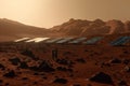 extensive solar panel farm on the surface of mars, providing clean energy to colony