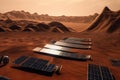 extensive solar panel farm on the surface of mars, providing clean energy to colony