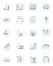 Extensive trip linear icons set. Expedition, Journey, Traverse, Odyssey, Safari, Adventure, Excursion line vector and