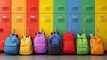 Long row of vibrant school lockers with diverse backpacks, symbolizing education and student readiness. Royalty Free Stock Photo
