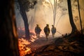 Extensive wildfires raging through national parks and forests. Firefighters battling a large fire. Burning trees