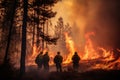 Extensive wildfires raging through national parks and forests. Firefighters battling a large fire. Burning trees