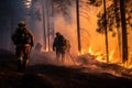 Extensive wildfires raging through national parks and forests. Firefighters battling a large fire. Burning trees