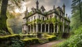 Exterior of Abandoned luxury mansion completely covered with moss
