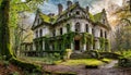 Exterior of Abandoned luxury mansion completely covered with moss