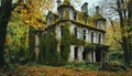 Exterior of Abandoned luxury mansion completely covered with moss