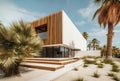 Exterior of amazing modern minimalist cubic house, villa with wood cladding wall and terrace among palm trees. Luxury residential