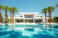 Exterior of amazing modern minimalist cubic villa with large swimming pool among palm trees. Created with generative Ai Royalty Free Stock Photo