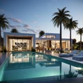 Exterior of amazing modern minimalist cubic villa with large swimming pool among palm trees