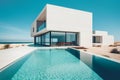 Exterior of amazing modern minimalist cubic villa with large swimming pool. White seaside luxury house with sea view. Created with Royalty Free Stock Photo