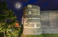 Exterior of Angers Castle at night (with the moon), Angers city, Maine-et-Loire, France