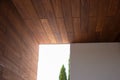 Exterior architecture fragment of thermal wood ceiling and wall cladding Royalty Free Stock Photo