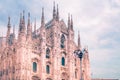 Exterior architecture of Milan Cathedral, known as Duomo di Milano, one of the largest churches in the world.