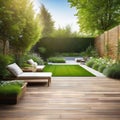 The exterior of a back garden patio area with wood