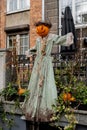Exterior Beautiful atmospheric halloween scary scarecrow pumpkin decorated on porch. Autumn leaves and fall flowers