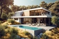 Exterior of beautiful modern house with solar panels on roof. Luxury villa with terrace and swimming pool Created with generative Royalty Free Stock Photo