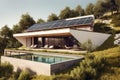 Exterior of beautiful modern house with solar panels on roof. Luxury villa with terrace and swimming pool Created with generative Royalty Free Stock Photo