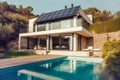 Exterior of beautiful modern house with solar panels on roof. Luxury villa with terrace and swimming pool Created with generative Royalty Free Stock Photo