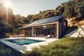 Exterior of beautiful modern house with solar panels on roof. Luxury villa with terrace and swimming pool Created with generative Royalty Free Stock Photo