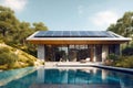 Exterior of beautiful modern house with solar panels on roof. Luxury villa with terrace and swimming pool Created with generative Royalty Free Stock Photo