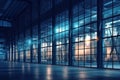 exterior of big modern warehouse with windows at night, AI generative