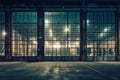 exterior of big old warehouse with windows at night, AI generative Royalty Free Stock Photo