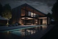 Exterior, black luxury house with swimming pool, night, concept modern villa, Generative AI Royalty Free Stock Photo