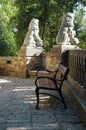 Exterior of Bory castle with bench and lion sculptures