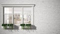 Exterior brick wall with white window with potted plant, showing interior scandinavian living room and kitchen, blank background w