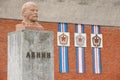 Exterior of the bust of Lenin at the abandoned Russian arctic settlement Pyramiden, Norway.