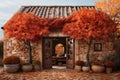 the exterior of a cafe in the old town, cozy, decorated with flowers and old things, autumn season