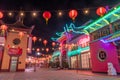 Exterior of Chinatown Central Plaza neon colorful lights of building in Los Angeles, California