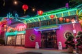 Exterior of Chinatown Central Plaza neon lights of building in Los Angeles, California