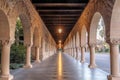 Exterior colonnade hallway of Stanford University Campus Building