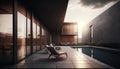 Exterior concept sketch of a modern minimalist black house with terrace and swimming pool, sunset Generative AI Royalty Free Stock Photo