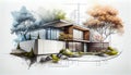 Exterior concept sketch of a modern minimalist cozy. AI generated Royalty Free Stock Photo