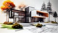 Exterior concept sketch of a modern minimalist cozy. AI generated Royalty Free Stock Photo