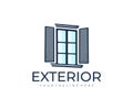 Exterior, construction and building, old vintage window, logo design. House, home, build and construction materials, vector design