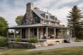 exterior of cottage with wraparound porch and stone chimney Royalty Free Stock Photo