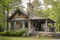 exterior of cottage with wraparound porch and stone chimney Royalty Free Stock Photo