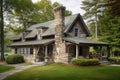 exterior of cottage with wraparound porch and stone chimney Royalty Free Stock Photo