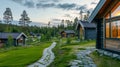 Exterior of a country cottage. Small houses on background of forest. Ai Generative Royalty Free Stock Photo