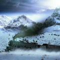 Steam train in snowy landscape