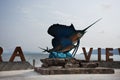 Exterior decoration design and sailfish statue of patio viewpoint Pak Bara waterfront village on beach for thai people foreign