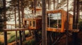 The exterior design of modern wooden Scandinavian treehouse with tall trees in forest and lake view. Generative AI AIG30