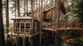 The exterior design of modern wooden Scandinavian treehouse with tall trees in forest and lake view. Generative AI AIG30